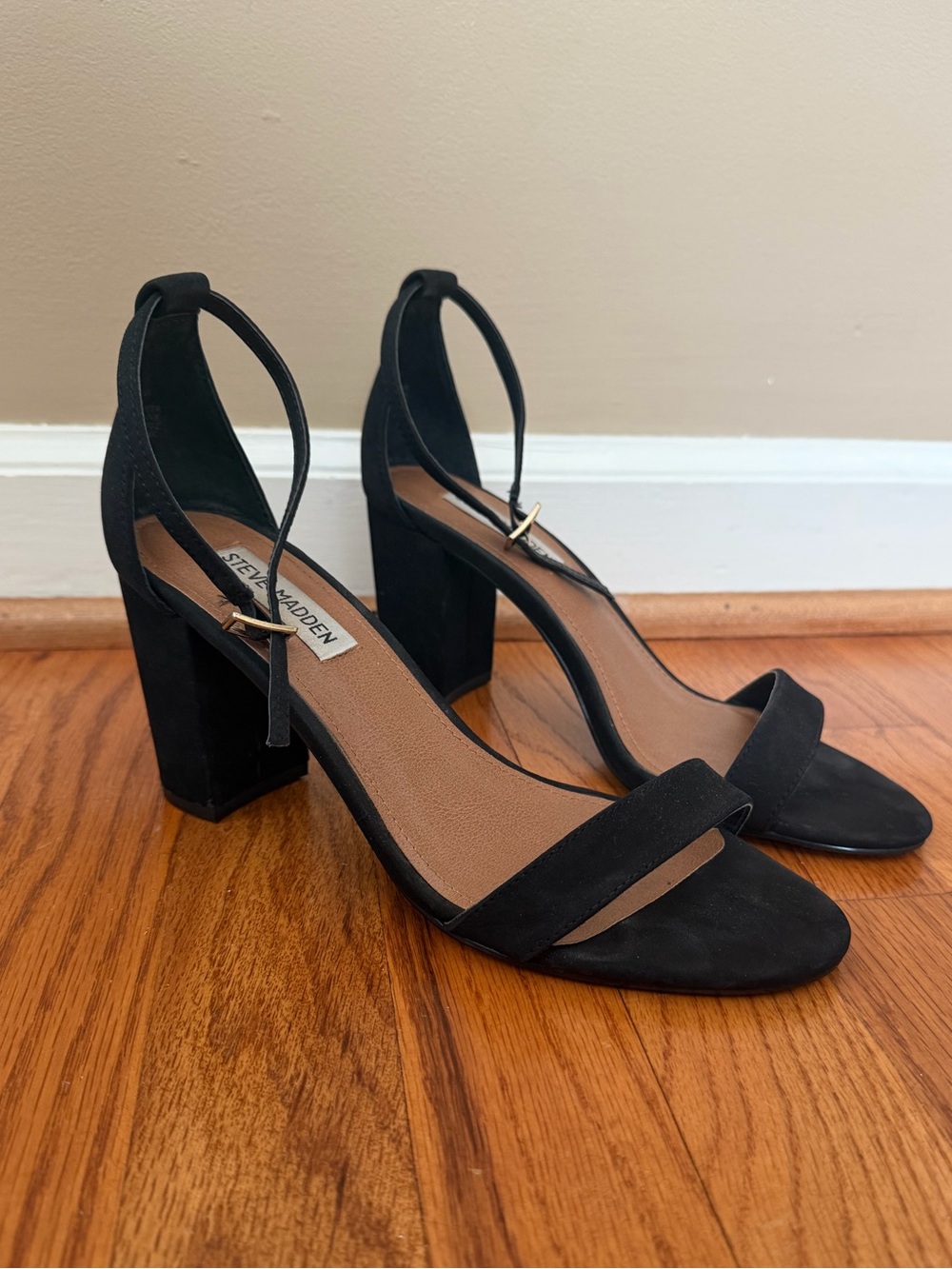 Steve Madden Black Suede Block Heel Ankle Strap Sandals
